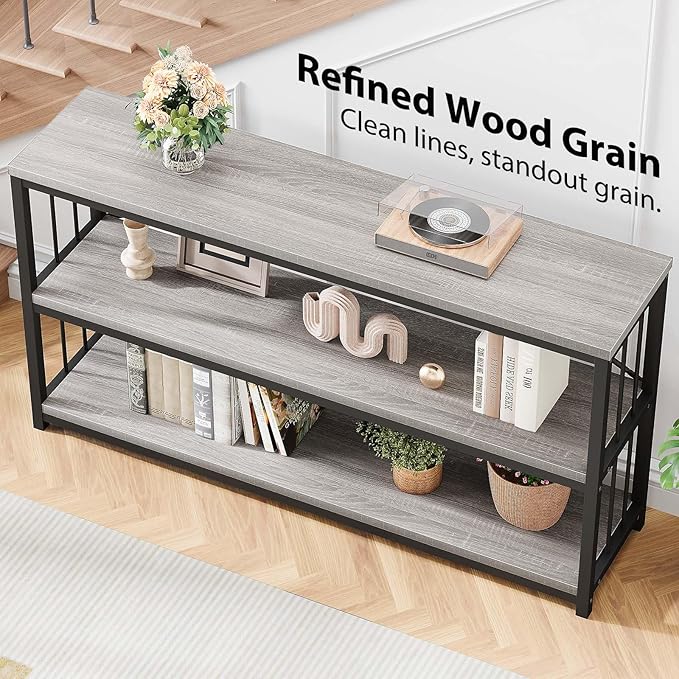 LVB Long Console Table with Storage, Farmhouse Rustic Skinny Entryway Table, Modern Wood Metal Hallway Sofa Table with Shelf, Industrial Narrow Couch Entry Table for Foyer Living Room, Light Grey, 63