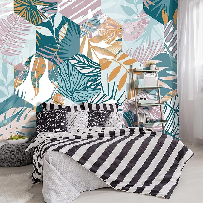 '-Abstract Geometry Botanical Banana Leaf Fabric Wallpaper Living Room Bedroom Bathroom Tropical Plant Leaf Large Wall Mural- 183"x120"（ not Peel and Stick）