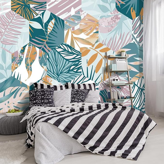 '-Abstract Geometry Botanical Banana Leaf Fabric Wallpaper Living Room Bedroom Bathroom Tropical Plant Leaf Wall Mural- 91"x65"（ not Peel and Stick）