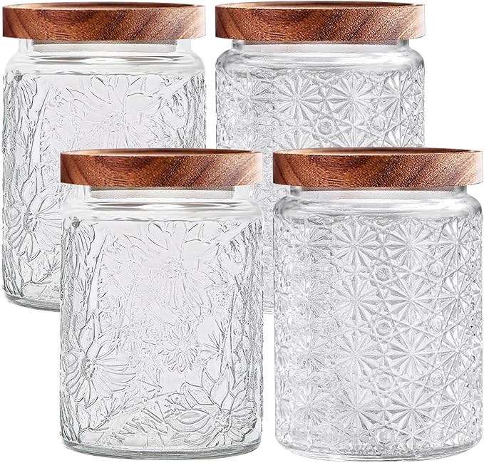 Vintage Glass Jars with Wooden Lids, 4 Pack 24 oz Airtight Glass Food Storage Containers Sets for the Kitchen, Sugar Coffee Candy Spice Cookie Tea Pasta