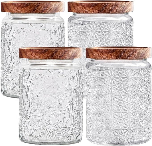 Vintage Glass Jars with Wooden Lids, 4 Pack 24 oz Airtight Glass Food Storage Containers Sets for the Kitchen, Sugar Coffee Candy Spice Cookie Tea Pasta