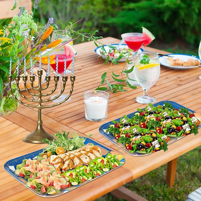 gisgfim 2Pcs Happy Hanukkah Serving Trays with Handles 16 x 11 Inch Large Melamine Tray Rectangular Jewish Chanukah Serving Platter Menorah Blue White Tray Melamine Dishes for Serving Dinner Dessert
