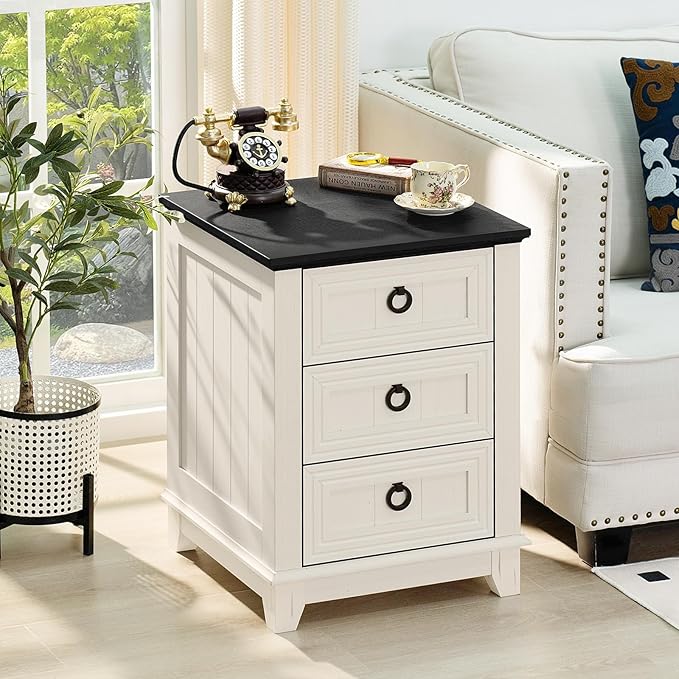 Farmhouse Night Stand Set of 2, 18" End Table with 3 Drawer Metal Handle, Dresser for Bedroom, Sofa Bed Side Table Chest of Drawers,Wood Nightstand Cabinet for Organizer, Living Room-White