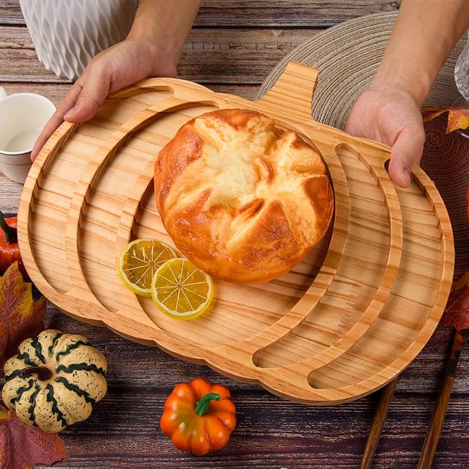AWIZOM Pumpkin Wooden Serving Platter Thanksgiving Serving Tray Wood Snack Cheese Charcuterie Board Sectional Wooden Pumpkin Dish Plate for Fall Autumn Harvest Halloween Supplies,14.96x11.81x0.79
