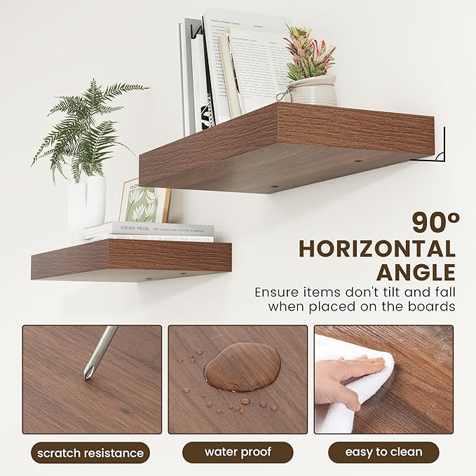 Deep Floating Shelves for Wall | 24 Inch Wide x 12 Inch Deep Floating Shelves | 24W x 12D Rustic Walnut Wide Wall Shelves | Bookshelf Laundry Shelf TV Shelf