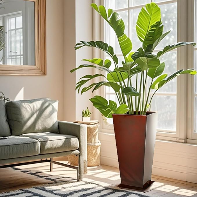 KOL 28''H. Tall Galvanized Steel Glazed Planter with Saucer, Set of 2, Planter Pots with Insert for Indoor & Outdoor Use, Decorative Flower Plant Pots for Front Porch, Patio, Deck - Reddish Brown