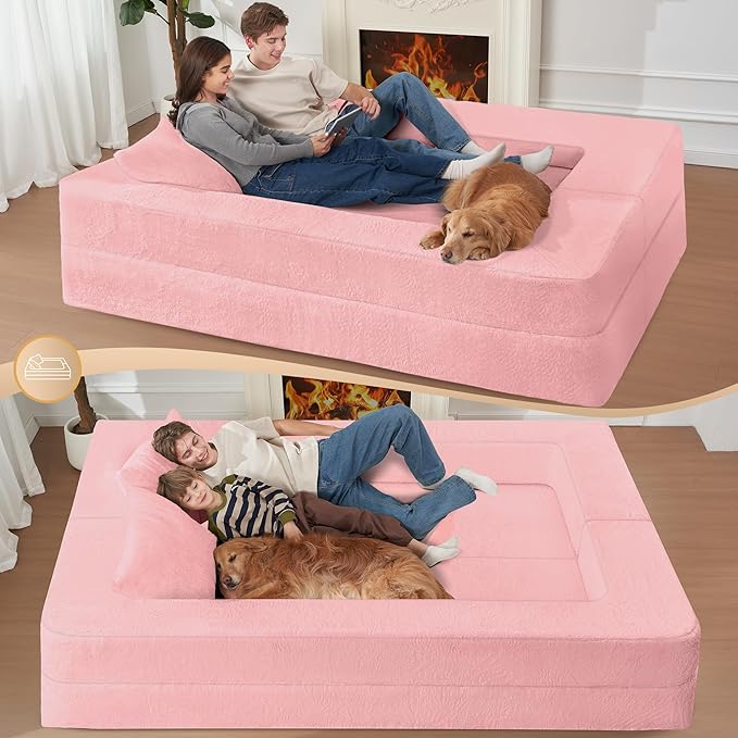 Folding Bean Bag Chair for Adults,3-in-1 Bean Bag Couch Faux Fur Floor Sofa Large Beanbag Convertible Bean Bag Sofa Bed with Pillow in Bedroom,Living Room,Apartment(Queen,Pink)