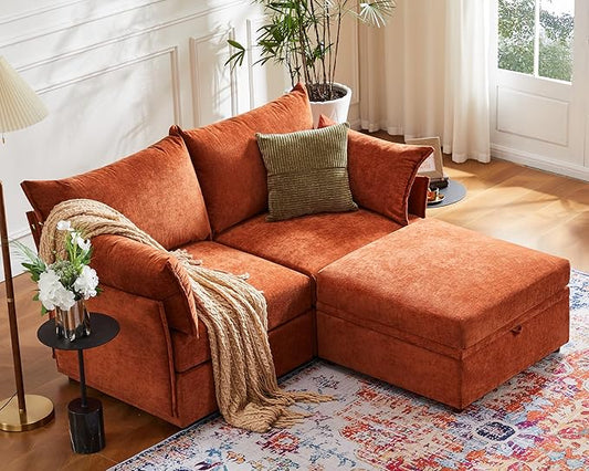 Luxury Modular Sectional Sofa, L-Shaped 3-Seat Couch with Storage Ottoman Deep Seat & Reversible Chaise Lounge Chenille Terracotta Orange for Compact Spaces, Apartments, Dorm