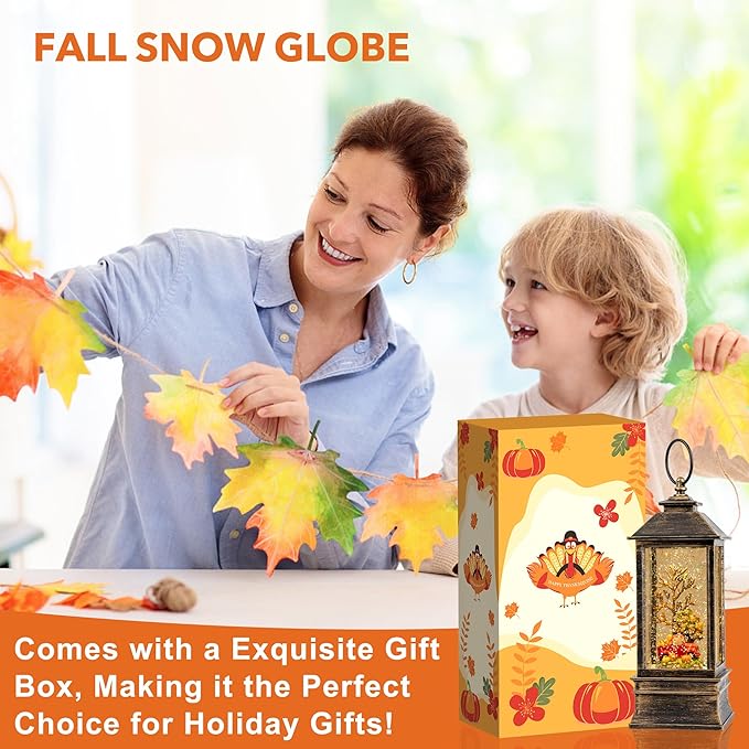 Fall Snow Globe Lantern Thanksgiving Glittering Lighted Lantern, Fall Harvest Day Decorations Gifts, Home Fall Halloween Decor (Pumpkins &Truck)