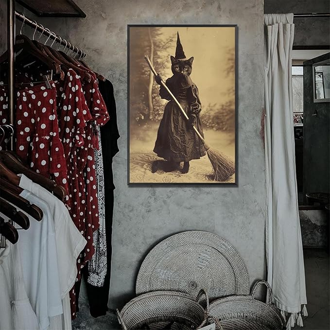 Halloween Decor Posters Black Cat Witch Canvas Wall Art Vintage Spooky Print Of Gothic Room Family Dark Academia Decorations Creepy Picture Poster Aesthetic 12X16inch Aluminum Framed