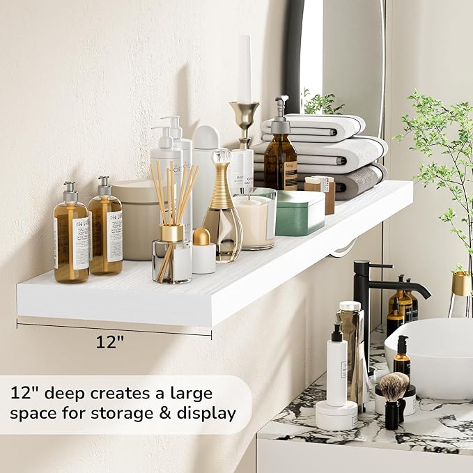 Fun Memories Floating Shelves - 12 Inch Rustic Wooden Wall Shelves - Extra Deeper & Thicker Wall Mounted Storage Shelf for Living Room, Kitchen, Farmhouse - 55" W x 12" D x 1.8" H - White