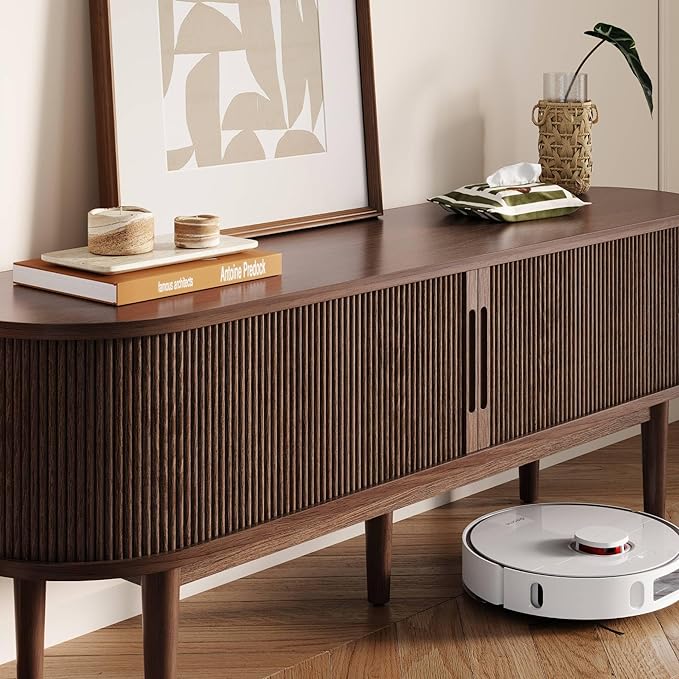 LINSY HOME TV Stand for 65" TV, Mid-Century Modern 58" Entertainment Center with Sliding Tambour Door and Storage Cabinet, Cruved TV Media Console Table for Living Room, Bedroom, Walnut