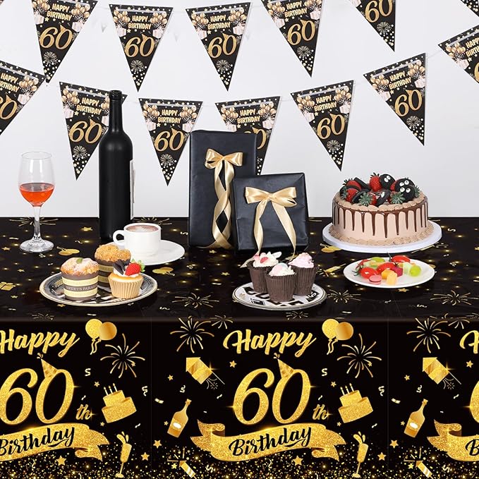 3 Pack 60th Birthday Tablecloth, Plastic Black Gold Table Cloths 60th Birthday Table Cover, Disposable Rectangle Table Cloths for Birthday Party Decorations, 54x108