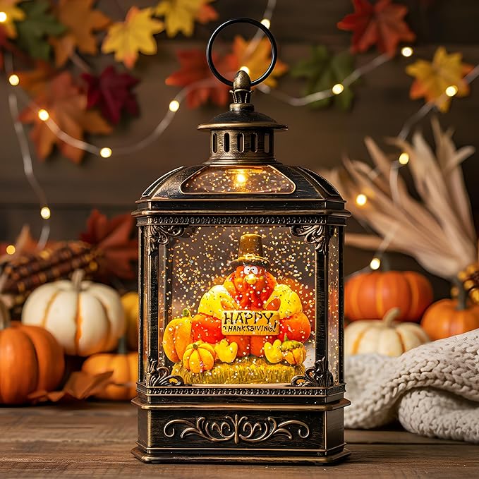 10.5'' Fall Snow Globe Lantern - Thanksgiving Glittering Lighted Water Lantern, Fall Decorations Autumn Harvest Day Gifts, Home Fall Halloween Decor (Turkey & Pumpkins)