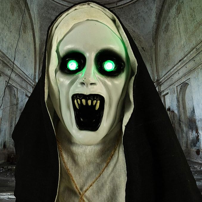 Haunted Hill Farm Life-Size Scary Talking Witch Nun Halloween Animatronic with Touch Activated Lights and Sound, Poseable, Battery Operated Indoor or Covered Outdoor Creepy Halloween Decorations