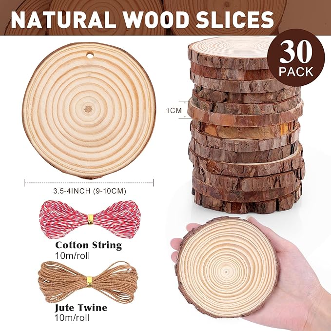30 Pack Nature Wood Slices for Crafts,3.5-4In Unfinished Natural Wood Rounds.Wood Circles Predrilled with Hole and 20m Rope for Wooden Craft Supplies,Painting,Christmas Ornaments,DIY Gifts