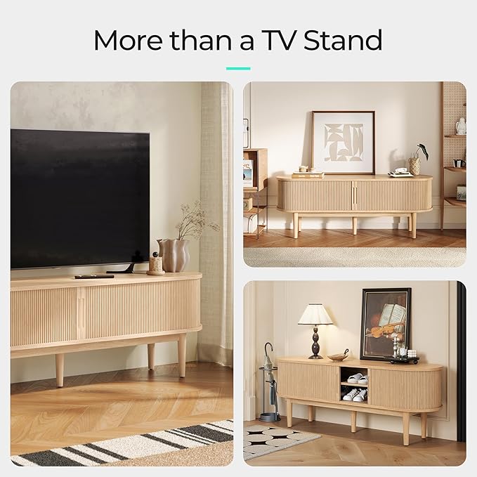 LINSY HOME TV Stand for 65" TV, Mid-Century Modern 58" Entertainment Center with Sliding Tambour Door and Storage Cabinet, Cruved TV Media Console Table for Living Room, Bedroom, Oak