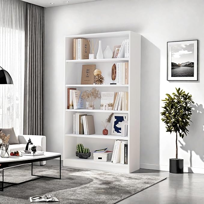 Bookshelf, Open Modern Bookshelf, 5 Shelf Bookcase with Freestanding Display Storage, Wooden Book Shelf for Bedroom, Living Room, Dinning Room, Office, 60 Inch, White