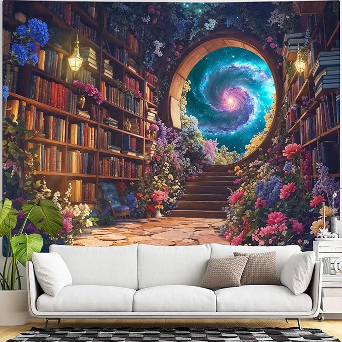 Accnicc Floral Bookshelf Tapestry Fantasy Library Tapestries Wall Hanging Vintage Plant Flower Book Extra Large Tapestry for Bedroom Living Room Dorm 90 x 68 inch