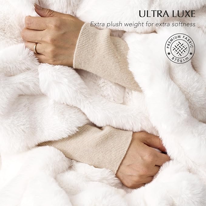 EVERGRACE Ultra Soft Luxury Fluffy Ridgeline Faux Rabbit Fur Throw Blanket, Thick Warm Bubble Throw for Bed, Cozy Plush Reversible Blankets for Couch, Chair, Sofa, Ivory White, 80x90 Inches, 870 GSM