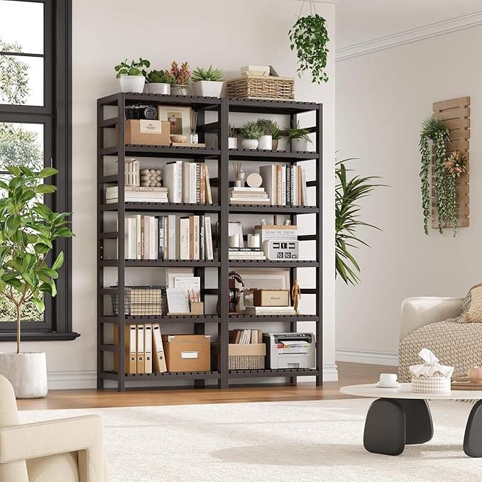 FOTOSOK 6-Tier Bamboo Shelf, Bamboo Bookcase with Adjustable Shelves, Free Standing Storage Shelf Unit, Plant Flower Stand for Kitchen, Bathroom, Home Office, Vintage