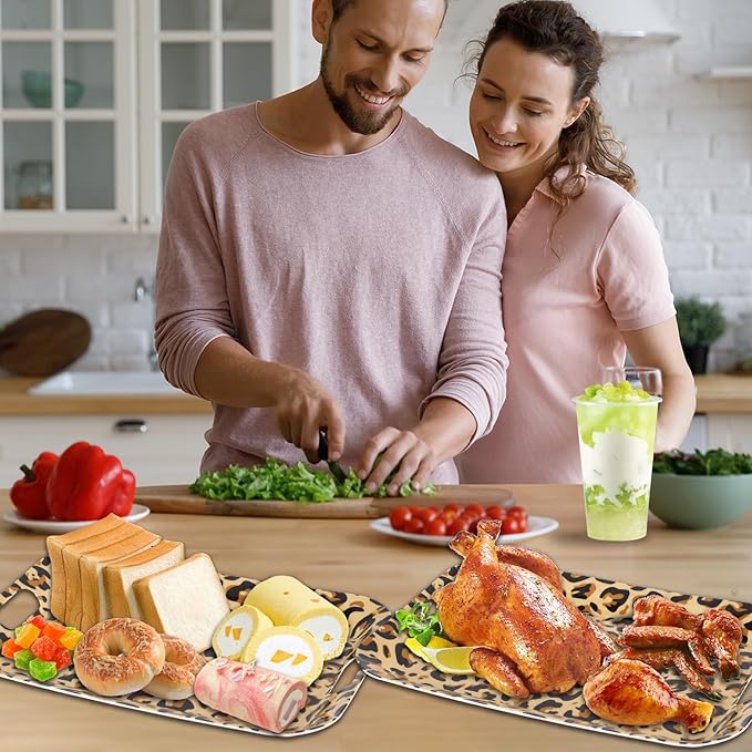 gisgfim 2Pcs Leopard Serving Trays 16.1 X 11.1 Inch Large Melamine Serving Platters with Handles, Leopard Print Food Trays Serving Dishes Snacks Dessert Plates for Cheetah Birthday Party Decorations