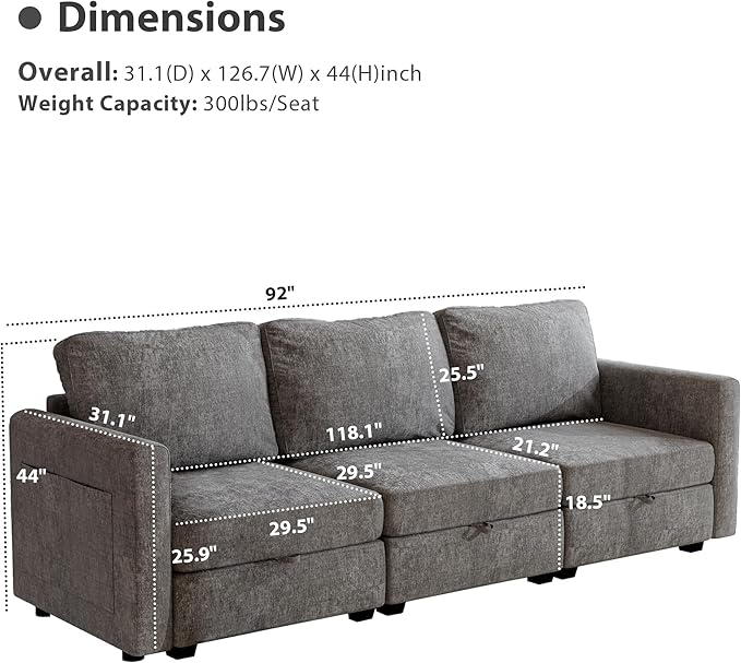 mestyl Modular Sectional Sofa Convertible Sofa Couch Set with Storage for Living Room, Modern 3 Seater Modular Sectional Couch (Grey)