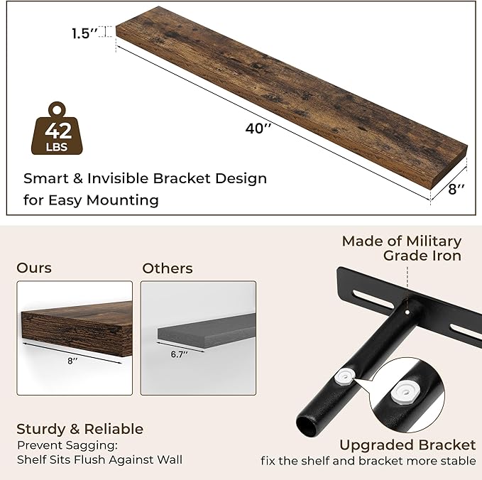 RICHFOCUS 40Inch Floating Shelves for Wall 2 Pack Shelves for Bedroom|Kitchen|Bathroom Wall Mounted Rustic Wood Floating Shelf with Invisible Brackets for Books|Storage|Decor, Rustic Brown