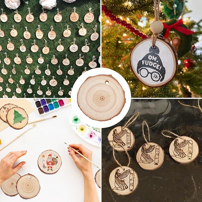 70 PCS 3 Inch Unfinished Wood Slices Hole Wood, Natural Wood Slices, Predrilled with Hole Wood Slice for DIY Arts Craft Christmas Ornaments by GNIEMCKIN