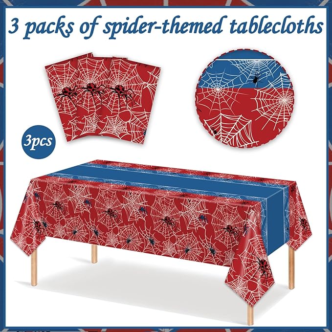 3 Pcs Spider Birthday Party Tablecloth 54 x 108 inch Plastic Table Cloth Disposable Red and Blue Tablecloth Rectangle Table Cover for Spider Birthday Party Decorations Halloween Supplies