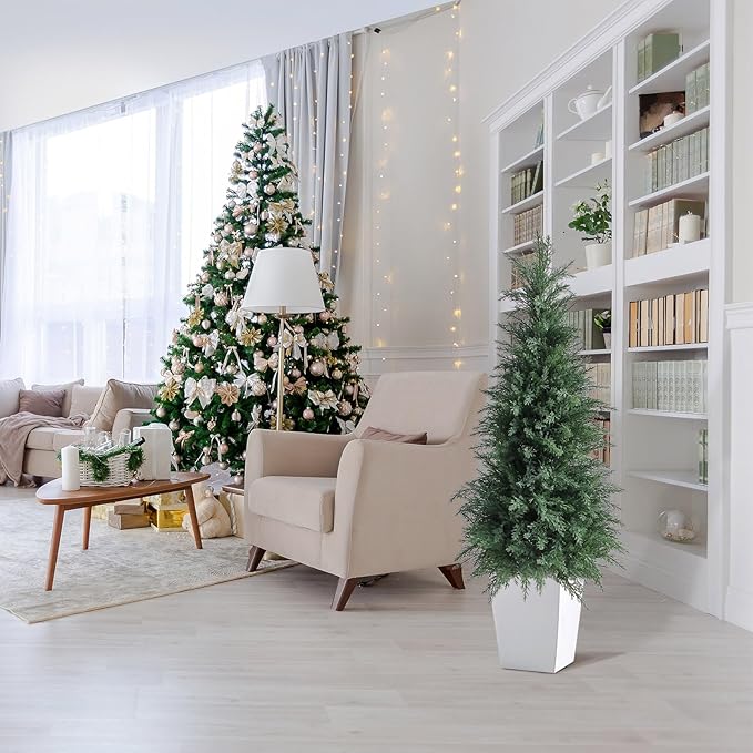 Artificial Cedar Topiary Trees 4FT Set of 2 Lifelike Faux Evergreen Cypress Bushes UV Resistant Outdoor Christmas Trees Realistic Potted Plants for Indoor Outdoor Decor