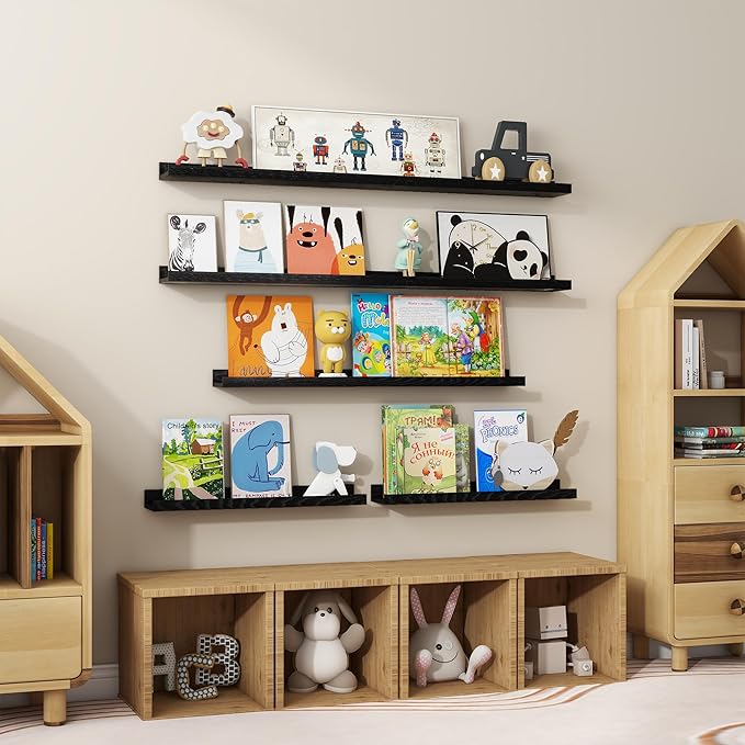 Floating Picture Ledge Shelves 24 Inch Solid Oak Wood Set of 2, Rustic Wall Storage Shelves with Lip, Kids Bookshelf, Photo & Picture Ledge Shelves for Bedroom, Living Room, Kitchen