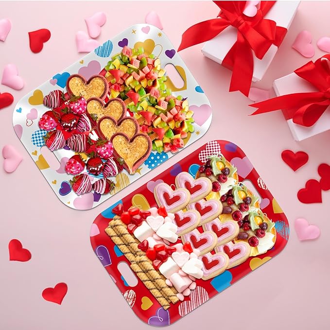 gisgfim 2Pcs Valentine Serving Trays 16.1 X 11.1 Inch Large Melamine Pink Red Heart Trays Platters with Handles Sweet Love Food Trays for Snacks Birthday Wedding Engagement Party Decorations