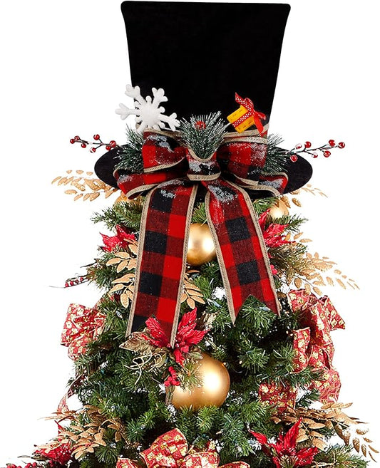 yofit Christmas Tree Topper Hat, Black Velvet Hat with Red Buffalo Plaid Bow Red Berry Snowflake, Christmas Tree Decorations Top Hat, Desktop Ornaments for Home Holiday Winter Decor