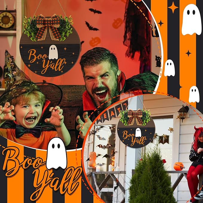 Halloween Sign for Front Door Halloween Wooden Hanging Sign Boo Ghost Sign with Bow Halloween Door Wreath Hanger for Front Porch Outdoor Home Wall Decor