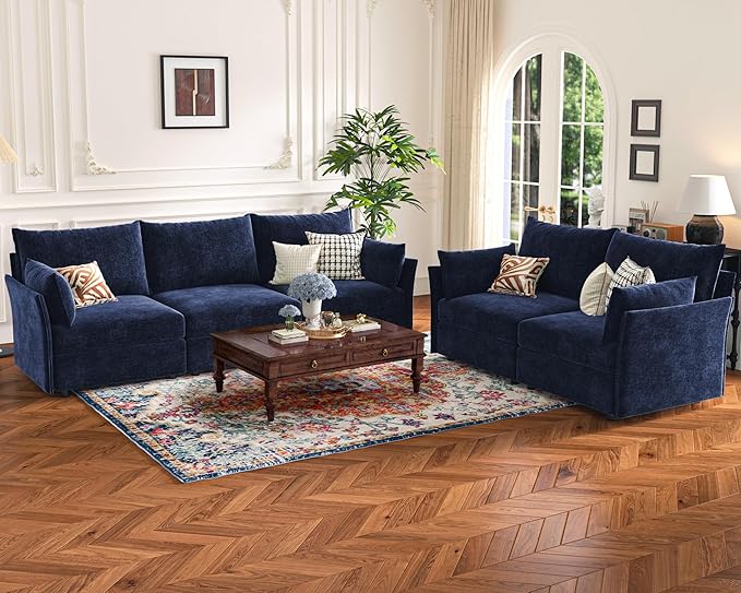 136.4" Oversized Modular Sectional Sleeper Sofa Bed, U Shaped Convertible Couch with Movable Ottoman, Large 8 Seat Corner Couches for Living Room Deep Seat Blue Chenille