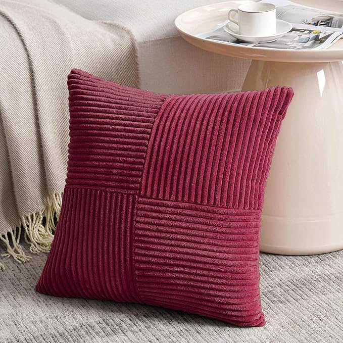 Fancy Homi 2 Packs Burgundy Red Decorative Throw Pillow Covers 18x18 Inch for Living Room Couch Sofa, Boho Farmhouse Home Decor, Soft Corss Corduroy Patchwork Textured Square Cushion Case 45x45 cm