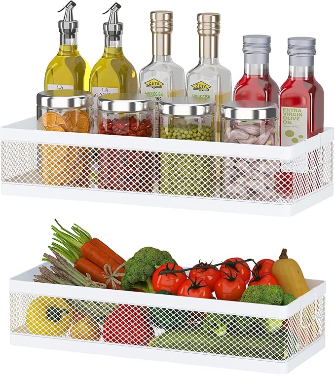 PUSDON Hanging Storage Baskets Organizer Wall Mount, Metal Wire Storage Bin Rack for Kitchen Bathroom Shower Spice Shelf Home Decor Essentials White-2 Packs (Netting)