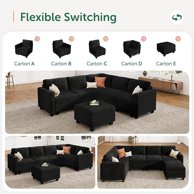 HONBAY Corduroy Modular Sectional Couch with Storage L-Shaped Sectional Couches for Living Room 6 Seater Modular Sectional Sofa, Black