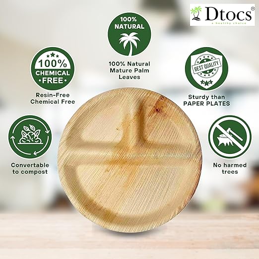 Dtocs 3 Compartment Plates (50 Pc) Palm Leaf 10 Inch Round Portion Control Buffet Sectional Plate | Bamboo Plates Disposable Like Compostable Camping Dinnerware Stronger than Divided Paper, Styrofoam