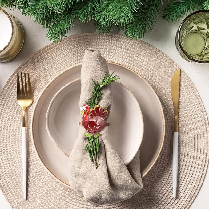 Halatool 6 PCS Thanksgiving Day Colorful Turkey Napkin Ring Funny Metal Festival Napkin Holders for Dinner Table Party Decoration
