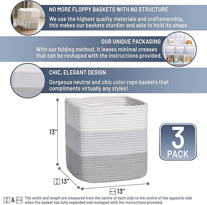 NaturalCozy 13 Inch Cube Storage Bins Cotton Rope Woven Baskets for Organizing 3-Pack | 13 x 13 Storage Cubes | Fabric Square Storage Baskets for Shelves Organizer, Kids Toy Bins, Closet Baby Nursery