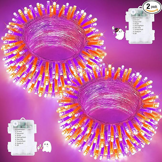 2 Pack Halloween String Lights Battery Operated with Timer, 66FT 200 LED Waterproof Orange and Purple Lights, Twinkle Fairy Light with 8 Modes for Indoor & Outdoor Party Bedroom Halloween Decorations
