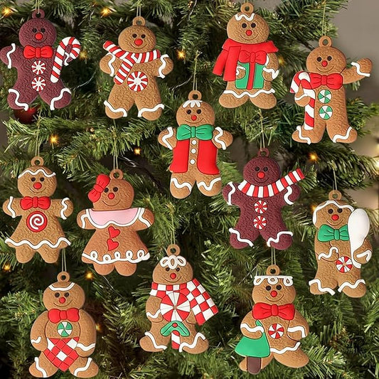 24pcs Gingerbread Man Ornaments for Christmas Tree, Assorted Gingerbread Figurines Ornaments, Christmas Tree Hanging Decorations, 3 Inch Tall