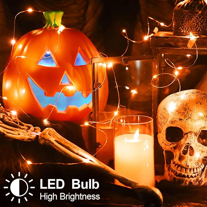 Halloween Fall Decorations Orange Fairy String Lights Indoor, Battery Operated with Timer, 2 Pack Total 33FT 100 Led Mini Battery Powered Twinkle Mason Jar Waterproof Firefly Lights DIY Party