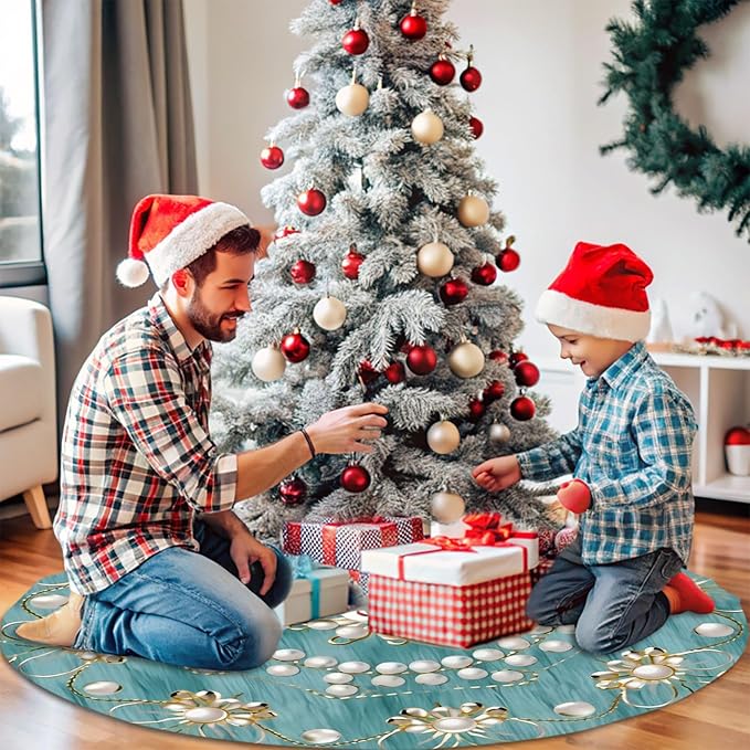 36" Christmas Tree Skirt with Elegant Aqua Pearl Christmas Angel Pattern Turquoise Tree Mat Base Cover for Xmas Festive Holiday Party Decoration Ornaments