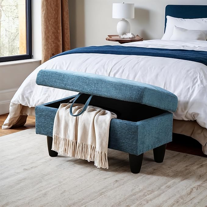 Ottoman Rectangular Storage Ottoman Bench, Flannel Footrest Stool Footstool with Lid for Living Room, Bedroom, Entryway, Light Blue, 28.5"x19"x17.5"