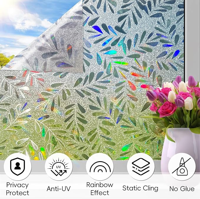 DUOFIRE Window Privacy Film Rainbow Window Film Decorative Leaves Pattern Window Cling Frosted Reusable Anti-UV Non-Adhesive Static Cling Privacy Film for Home Office 23.6 × 78.7 inches