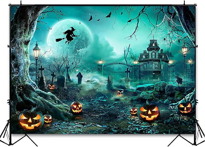 Avezano Halloween Photography Backdrop Full Moon Scary Night Castle Pumpkins Party Background Spooky Witch Bats Cemetery Child Kids Halloween Party Decorations Photoshoot Backdrops (10x7ft, Green)