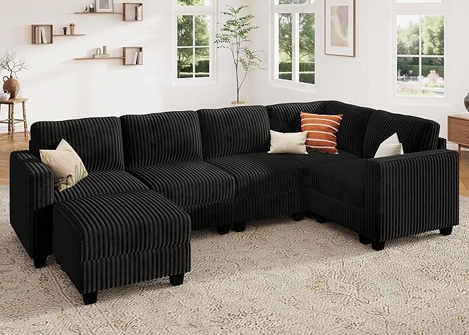 HONBAY Plush Corduroy Sectional Couch with 6 Seaters U-Shaped Modular Sectional Sofa with Storage Sectional Couches for Living Room, Black